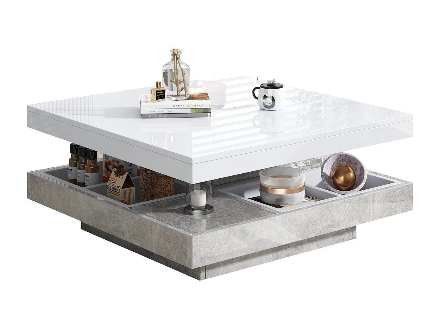 Mesa de centro cuadrada con 4 compartimentos y tablero giratorio - 70 x 70 x 36 cm - Tablero de partículas - Blanco