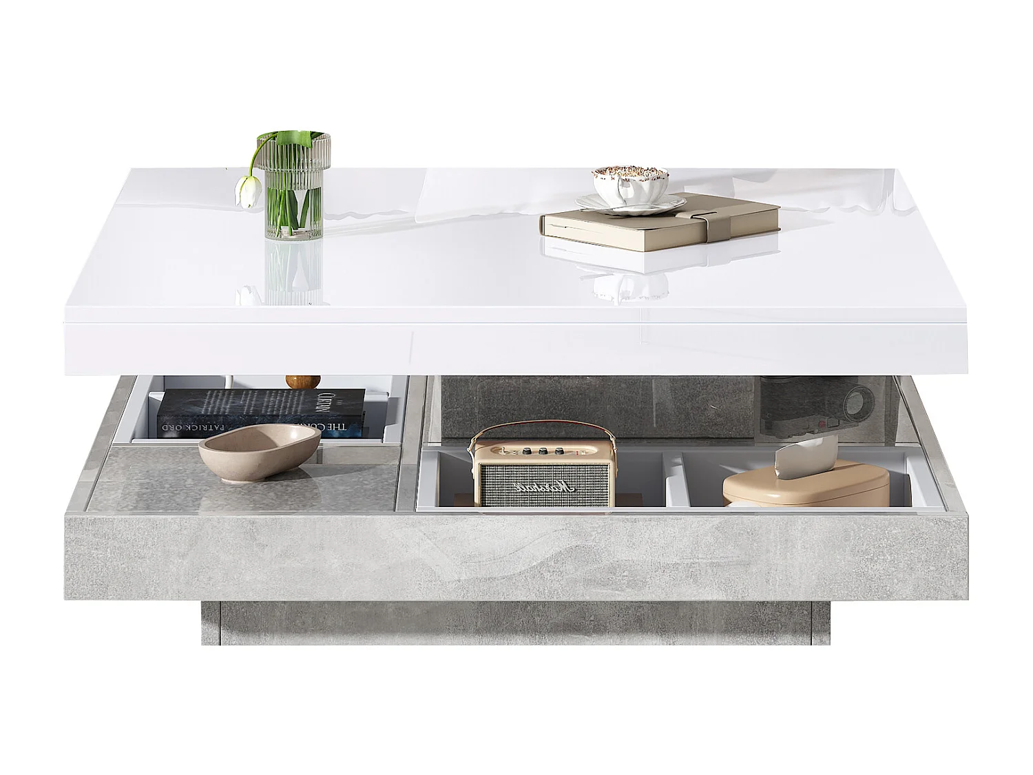 Mesa de centro cuadrada con 4 compartimentos y tablero giratorio - 70 x 70 x 36 cm - Tablero de partículas - Blanco