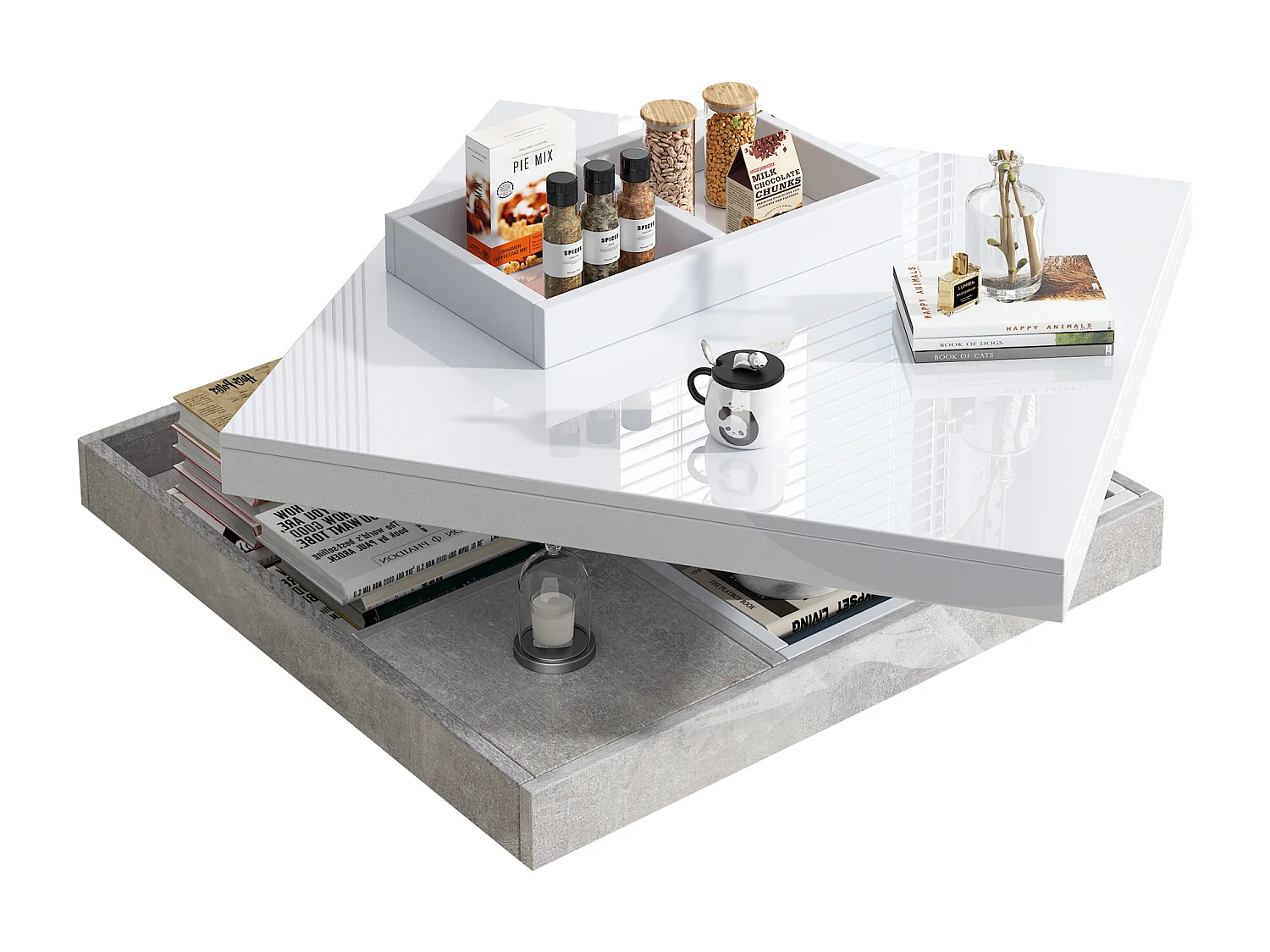 Mesa de centro cuadrada con 4 compartimentos y tablero giratorio - 70 x 70 x 36 cm - Tablero de partículas - Blanco