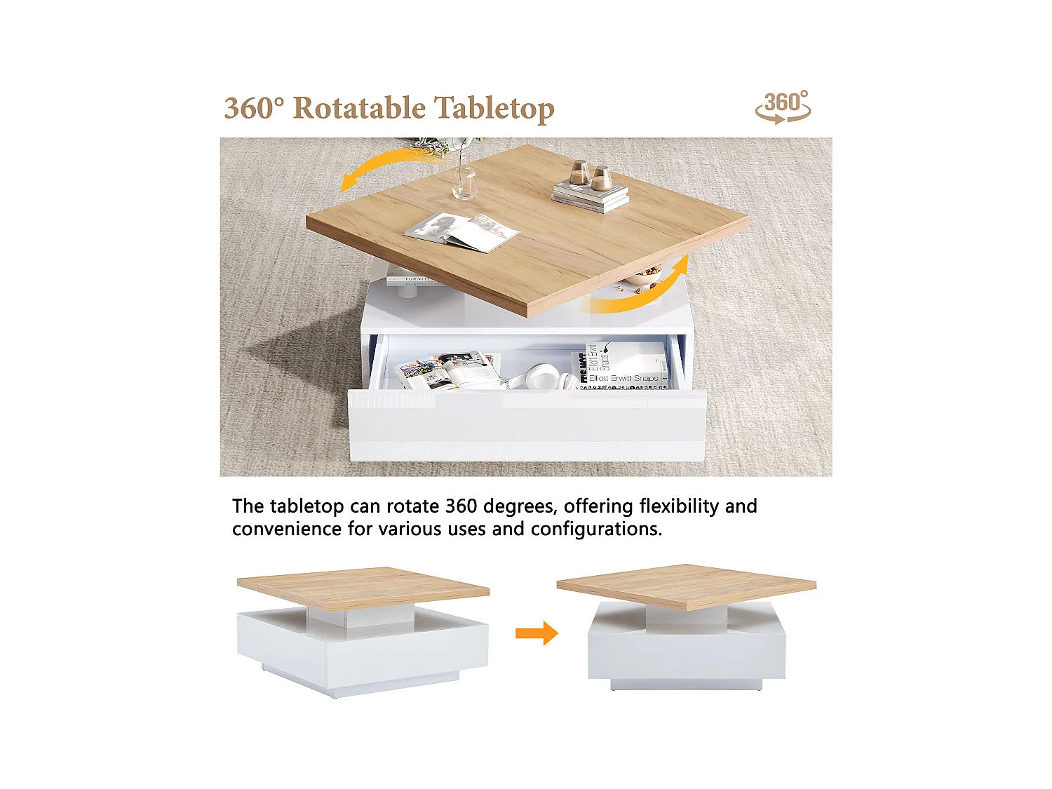 Table basse carrée avec 1 tiroir et plateau pivotant à 360° - 70 x 70 x 36 cm - Panneaux de particules - Blanc et noyer