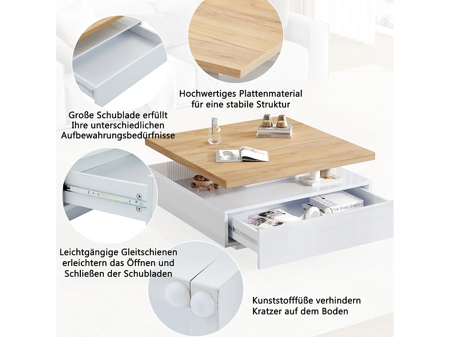 Table basse carrée avec 1 tiroir et plateau pivotant à 360° - 70 x 70 x 36 cm - Panneaux de particules - Blanc et noyer
