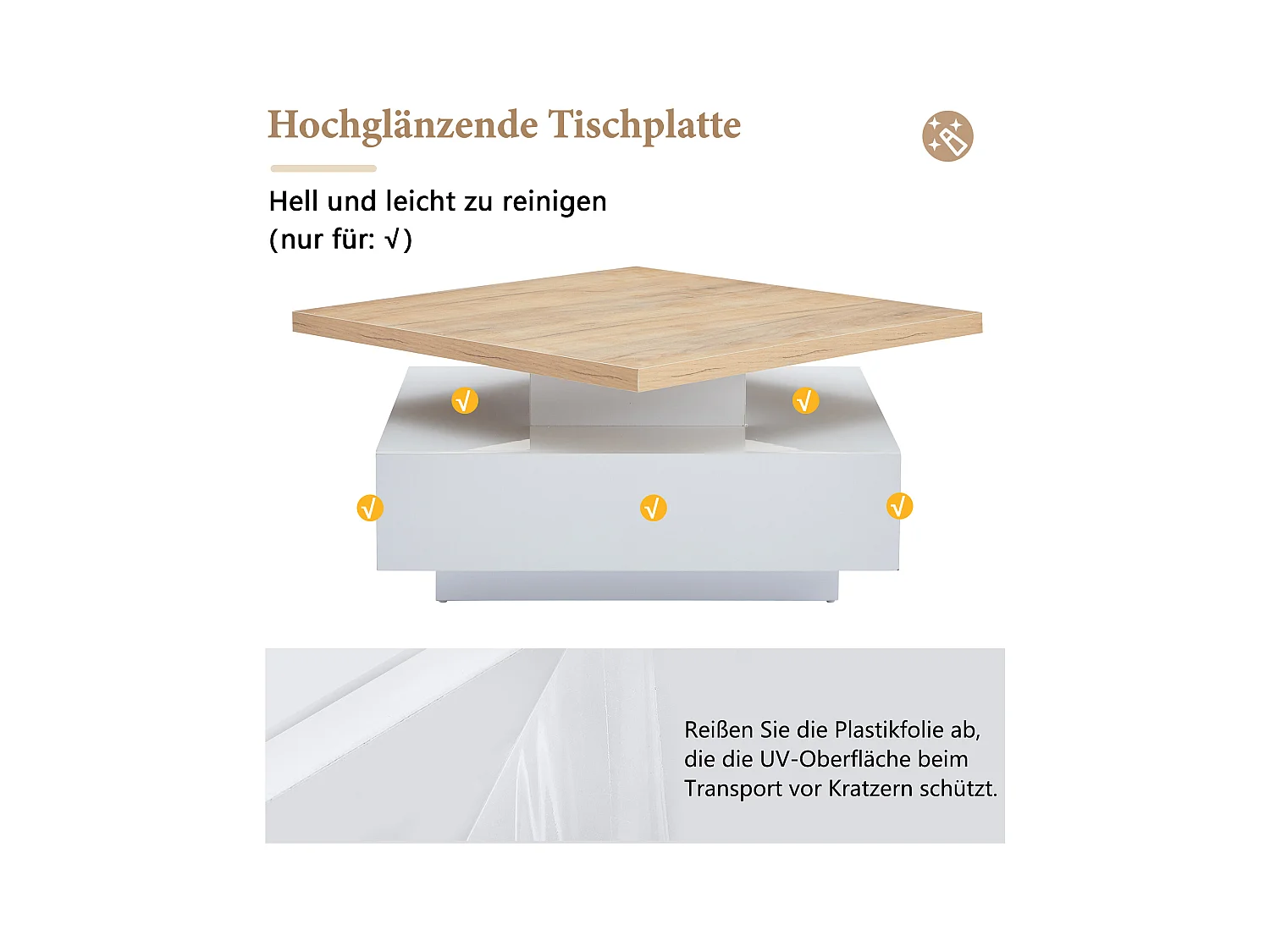 Table basse carrée avec 1 tiroir et plateau pivotant à 360° - 70 x 70 x 36 cm - Panneaux de particules - Blanc et noyer