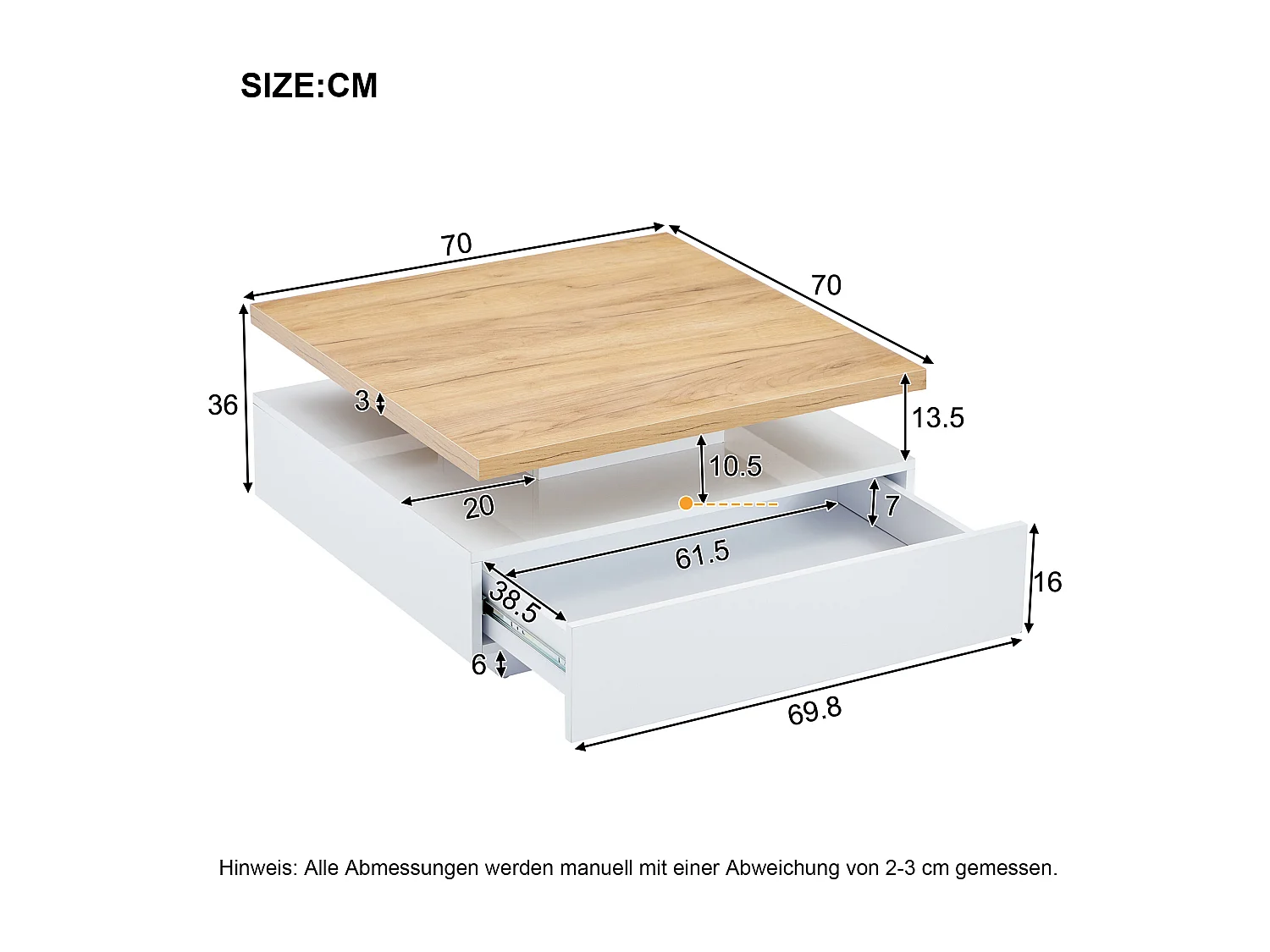 Quadratischer Couchtisch mit 1 Schublade und 360° drehbarer Platte - 70 x 70 x 36 cm - Spanplatte - Weiß und Walnuss