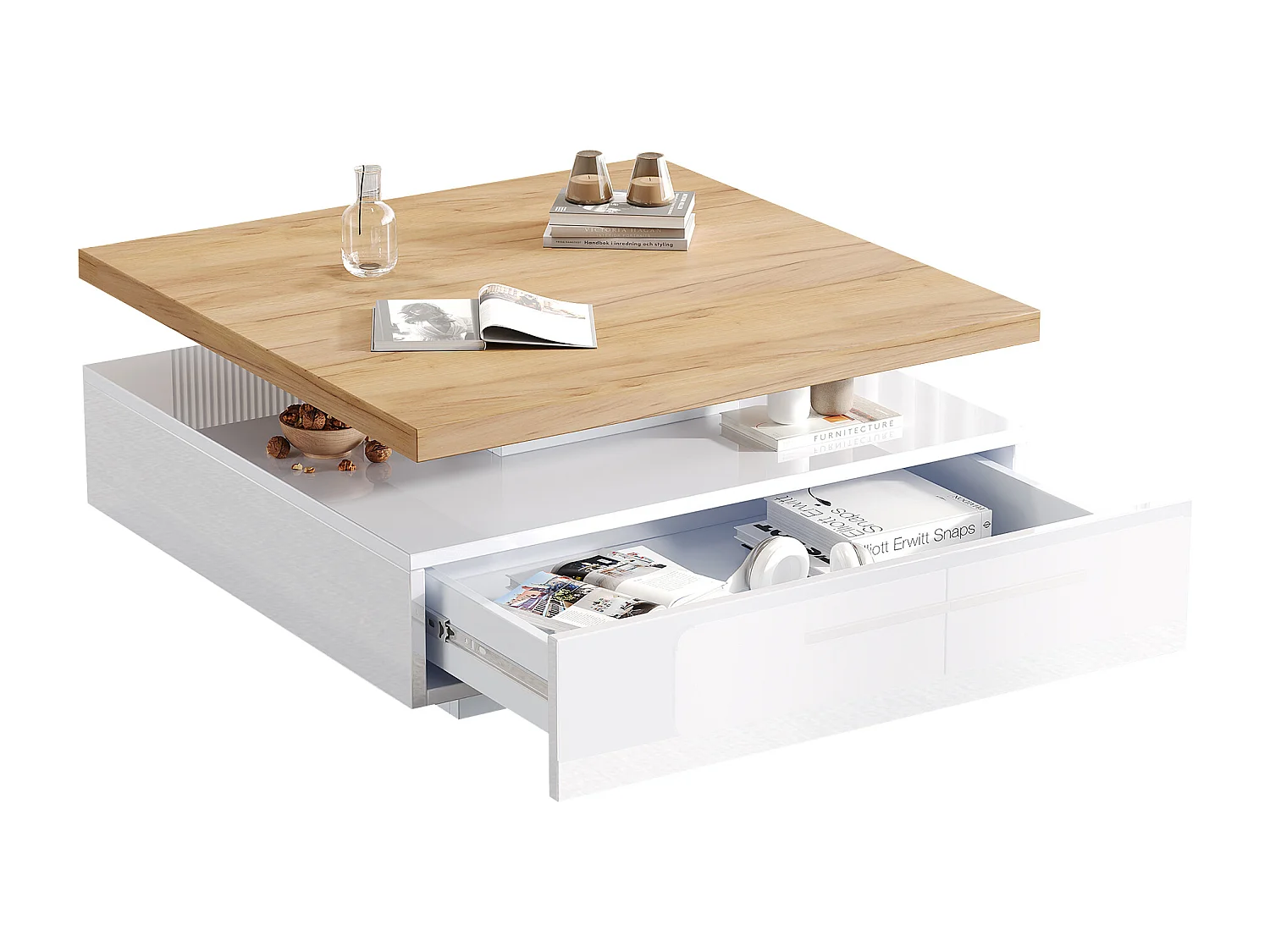 Quadratischer Couchtisch mit 1 Schublade und 360° drehbarer Platte - 70 x 70 x 36 cm - Spanplatte - Weiß und Walnuss