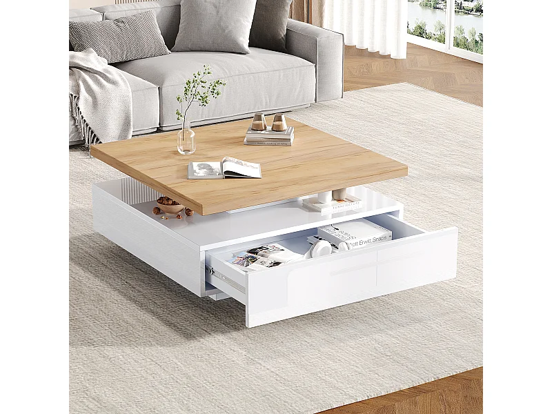 Table basse carrée avec 1 tiroir et plateau pivotant à 360° - 70 x 70 x 36 cm - Panneaux de particules - Blanc et noyer