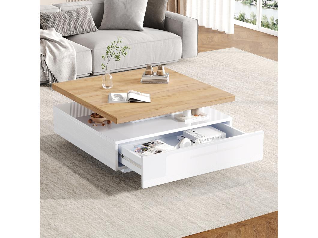 Stolik kawowy kwadratowy z 1 szufladą i obrotowym blatem 360° - 70 x 70 x 36 cm - Płyta wiórowa - Biały i orzech