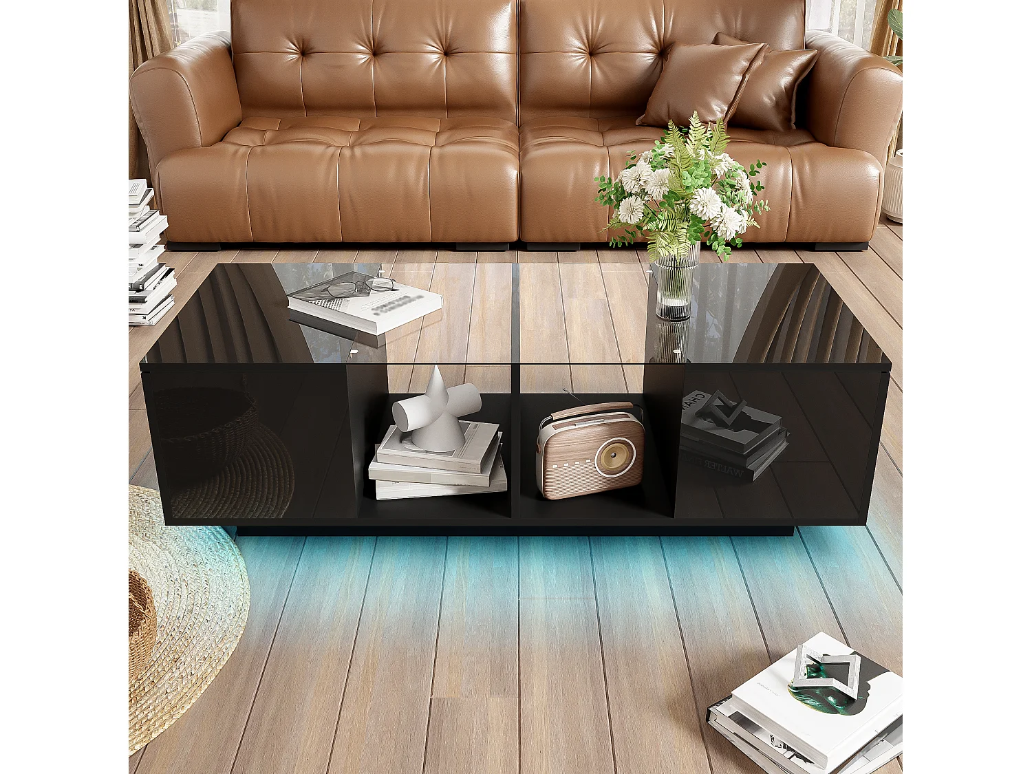 Moderne salontafel met 2 deuren en 2 compartimenten - 120 x 50 x 38,5 cm - LED's - Glas, MDF, spaanplaat - Glanzend zwart