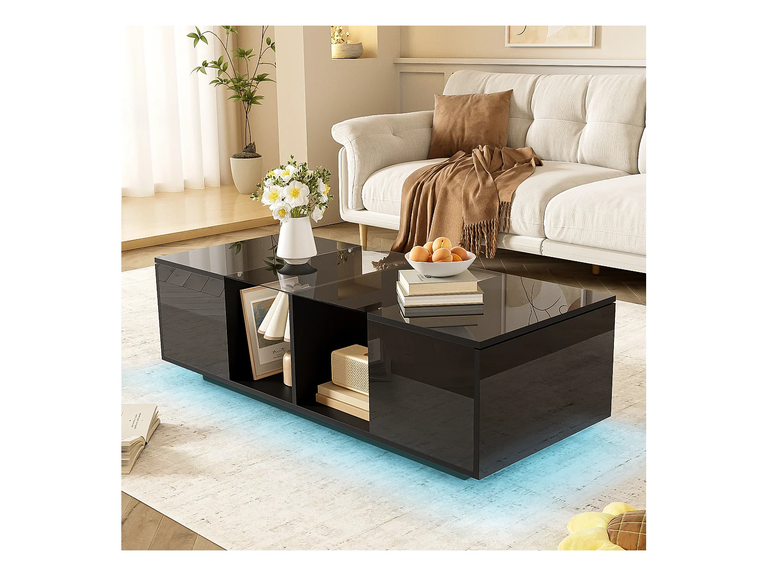 Table basse moderne avec 2 portes et 2 compartiments - 120 x 50 x 38,5 cm - LEDs - Verre, MDF, panneau de particules - Noir brillant