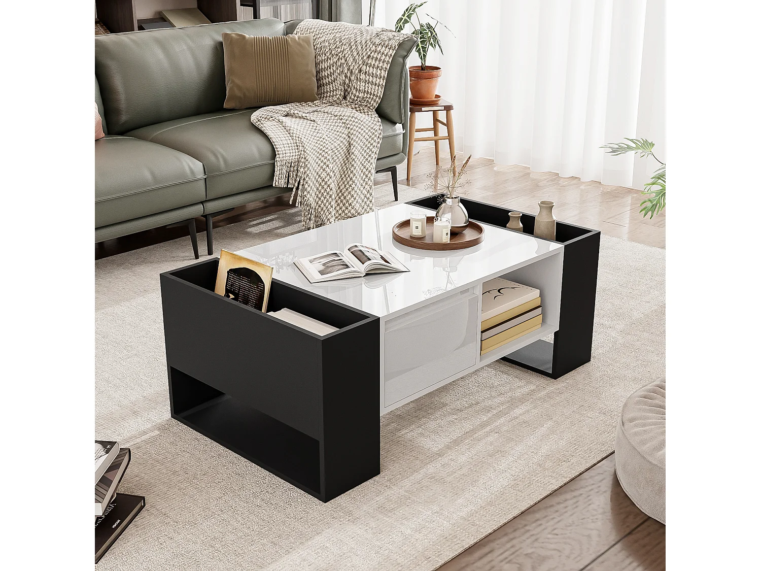 Table basse avec 4 compartiments - 105 x 60 x 40,5 cm - MDF, Panneau de particules - Noir et blanc