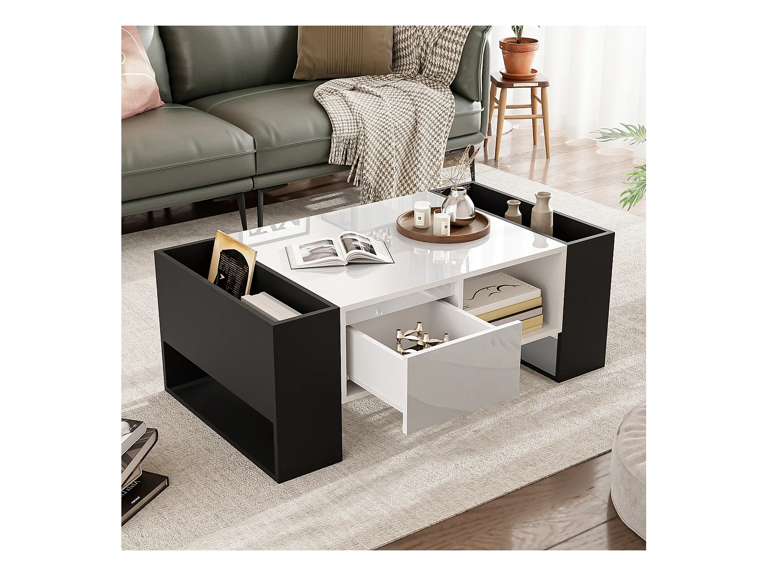 Table basse avec 4 compartiments - 105 x 60 x 40,5 cm - MDF, Panneau de particules - Noir et blanc