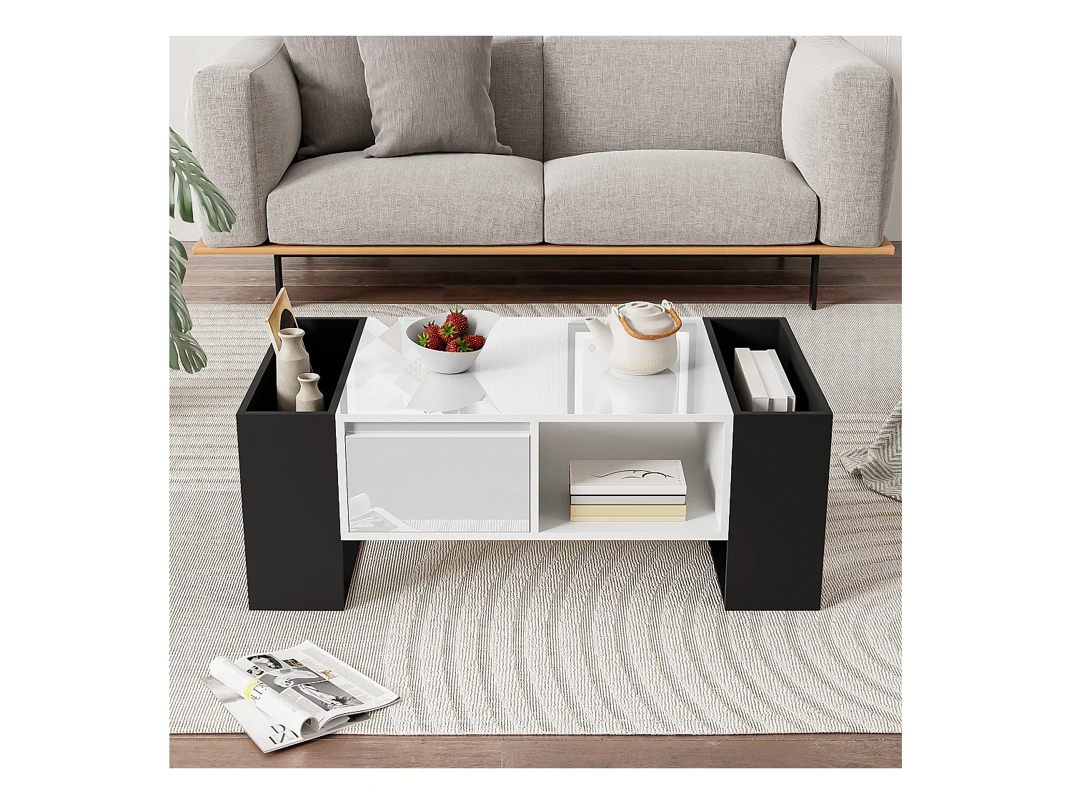 Table basse avec 4 compartiments - 105 x 60 x 40,5 cm - MDF, Panneau de particules - Noir et blanc