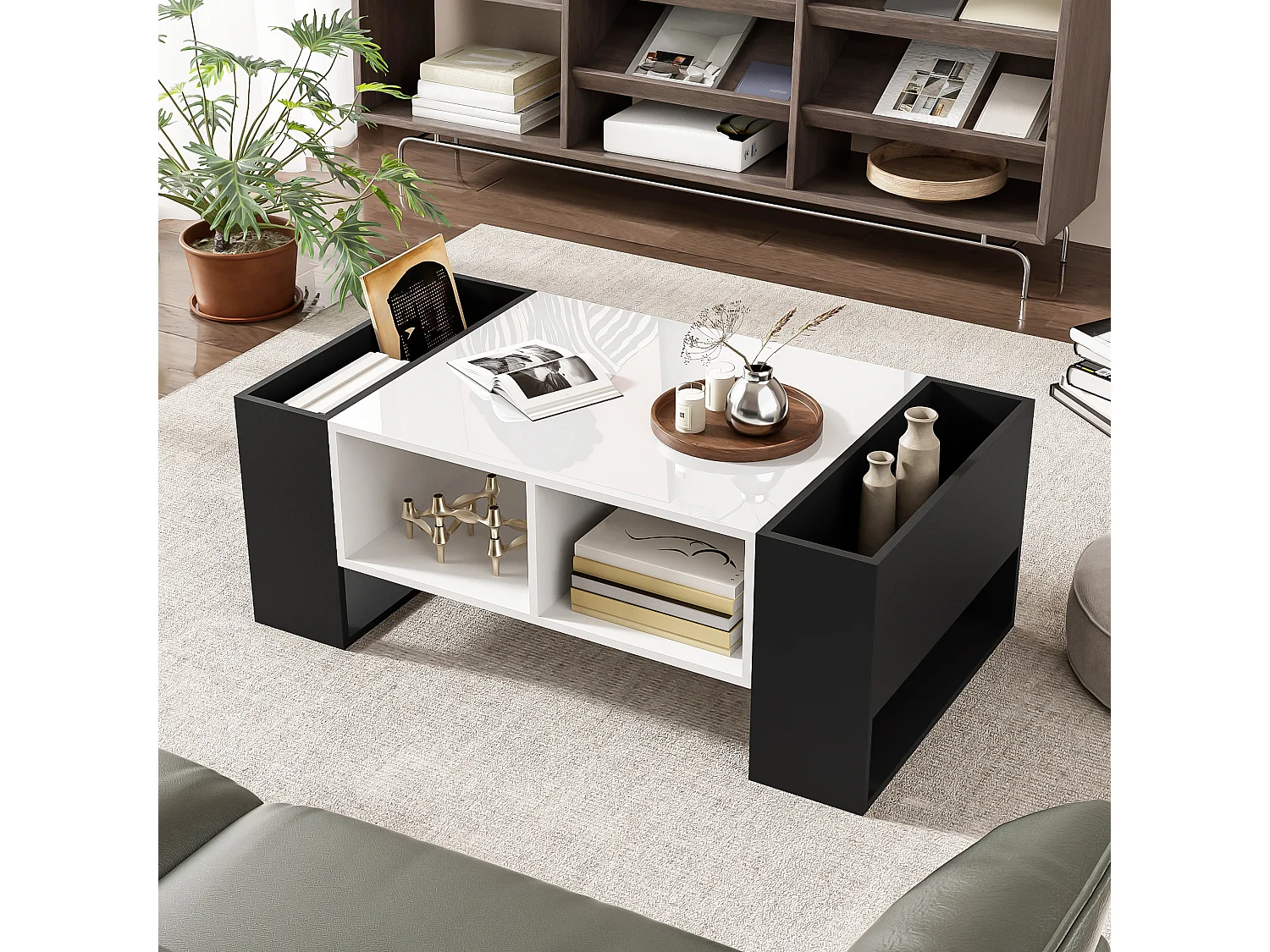 Couchtisch mit 4 Fächern - 105 x 60 x 40,5 cm - MDF, Spanplatte - Schwarz und Weiß