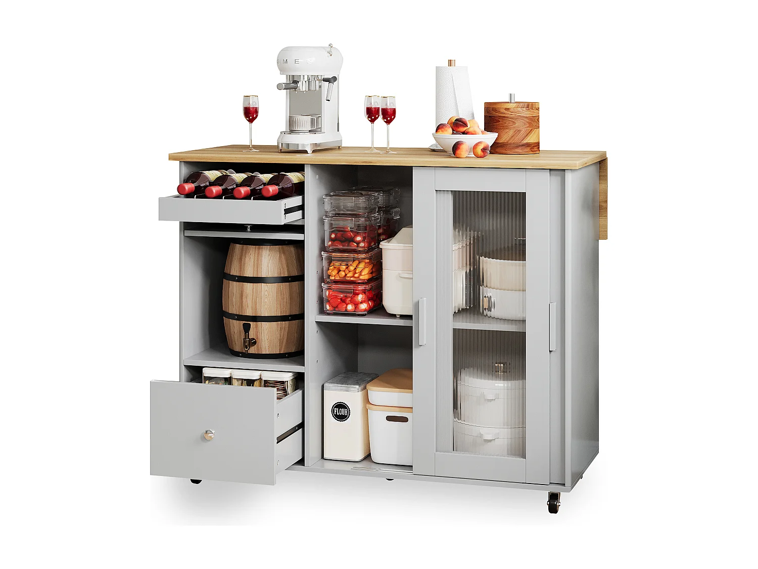 Ilot central de cuisine mobile avec 2 portes coulissantes, 1 tiroir et casier à vin - plateau extensible - 112x46/69x91 cm - MDF - Gris