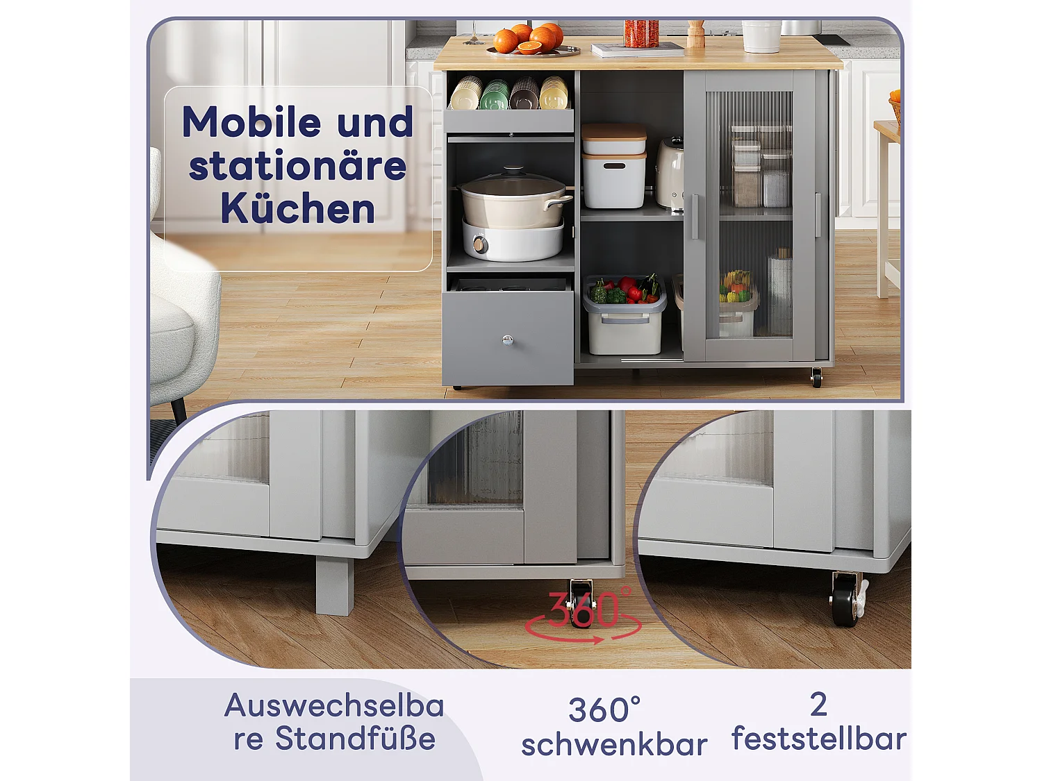 Ilot central de cuisine mobile avec 2 portes coulissantes, 1 tiroir et casier à vin - plateau extensible - 112x46/69x91 cm - MDF - Gris