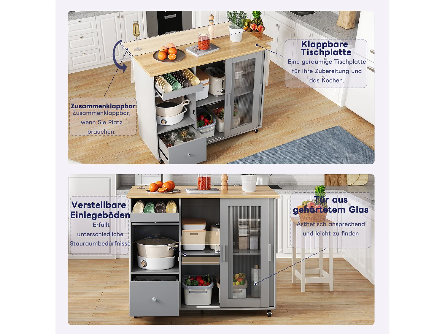 Ilot central de cuisine mobile avec 2 portes coulissantes, 1 tiroir et casier à vin - plateau extensible - 112x46/69x91 cm - MDF - Gris