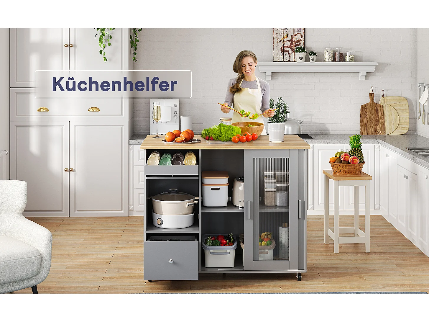 Ilot central de cuisine mobile avec 2 portes coulissantes, 1 tiroir et casier à vin - plateau extensible - 112x46/69x91 cm - MDF - Gris