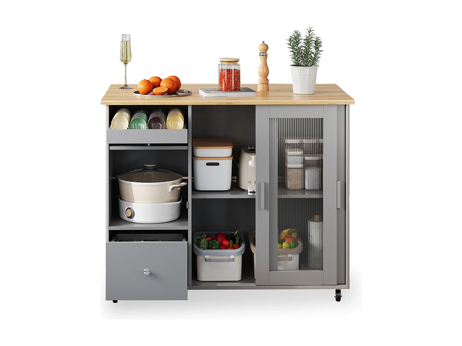 Ilot central de cuisine mobile avec 2 portes coulissantes, 1 tiroir et casier à vin - plateau extensible - 112x46/69x91 cm - MDF - Gris