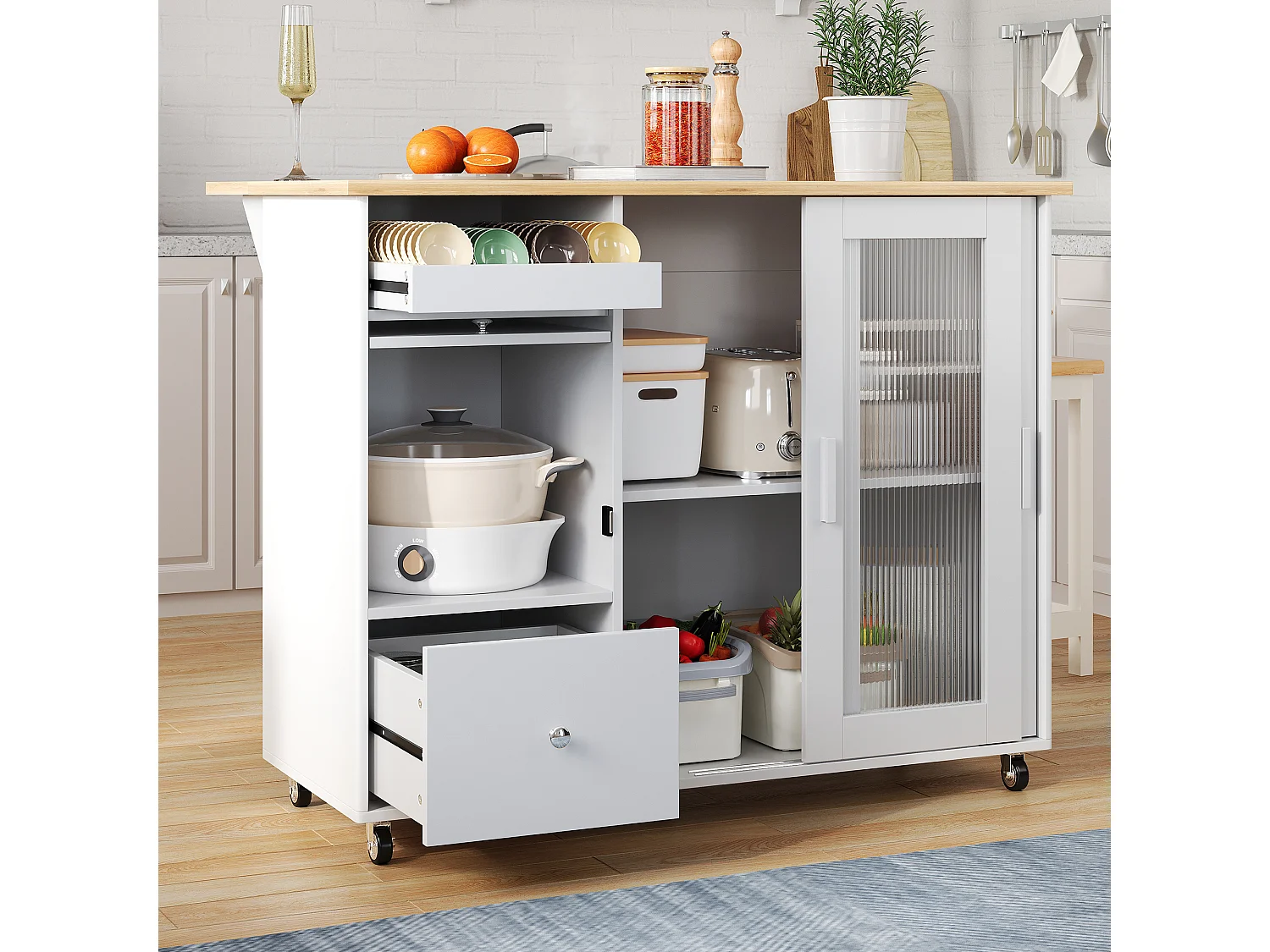 Mobilna wyspa kuchenna z 2 drzwiami przesuwnymi, 1 szufladą i regałem na wino - rozkładany blat - 112x46/69x91 cm - MDF - biały