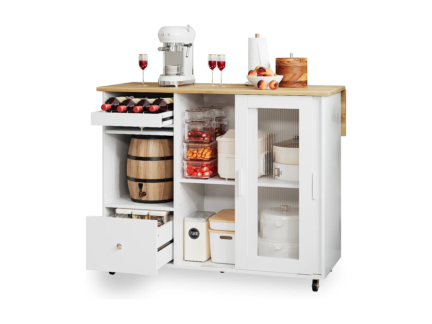 Mobilna wyspa kuchenna z 2 drzwiami przesuwnymi, 1 szufladą i regałem na wino - rozkładany blat - 112x46/69x91 cm - MDF - biały