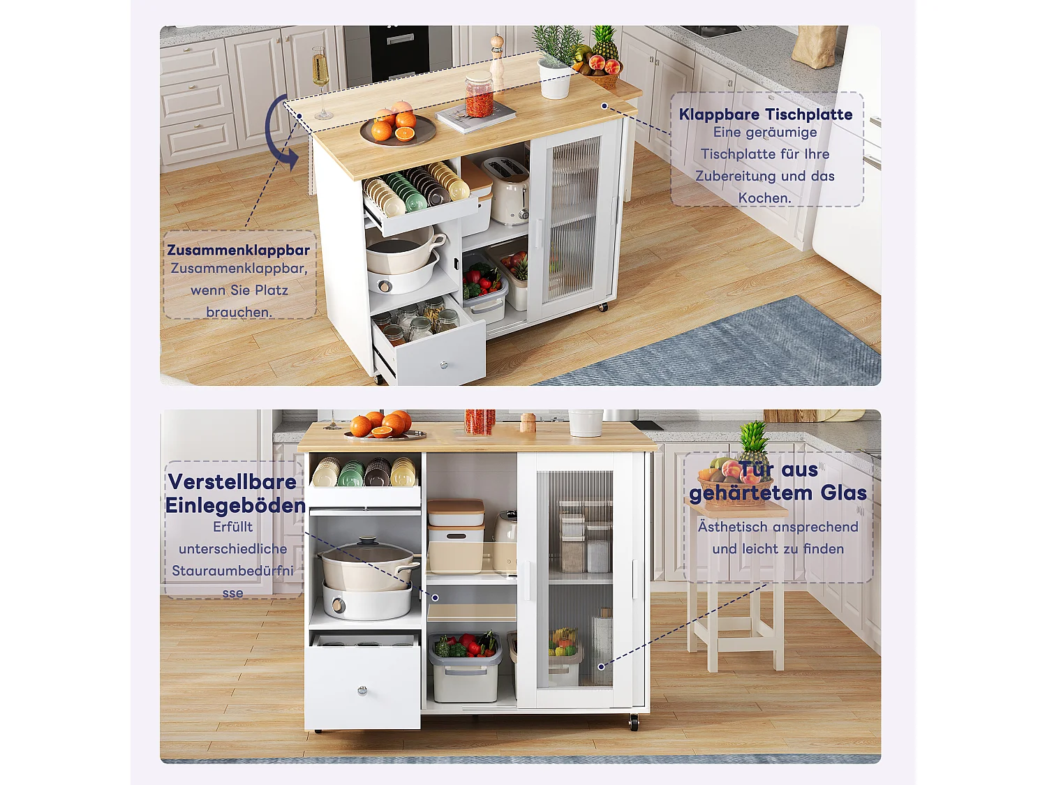 Mobilna wyspa kuchenna z 2 drzwiami przesuwnymi, 1 szufladą i regałem na wino - rozkładany blat - 112x46/69x91 cm - MDF - biały