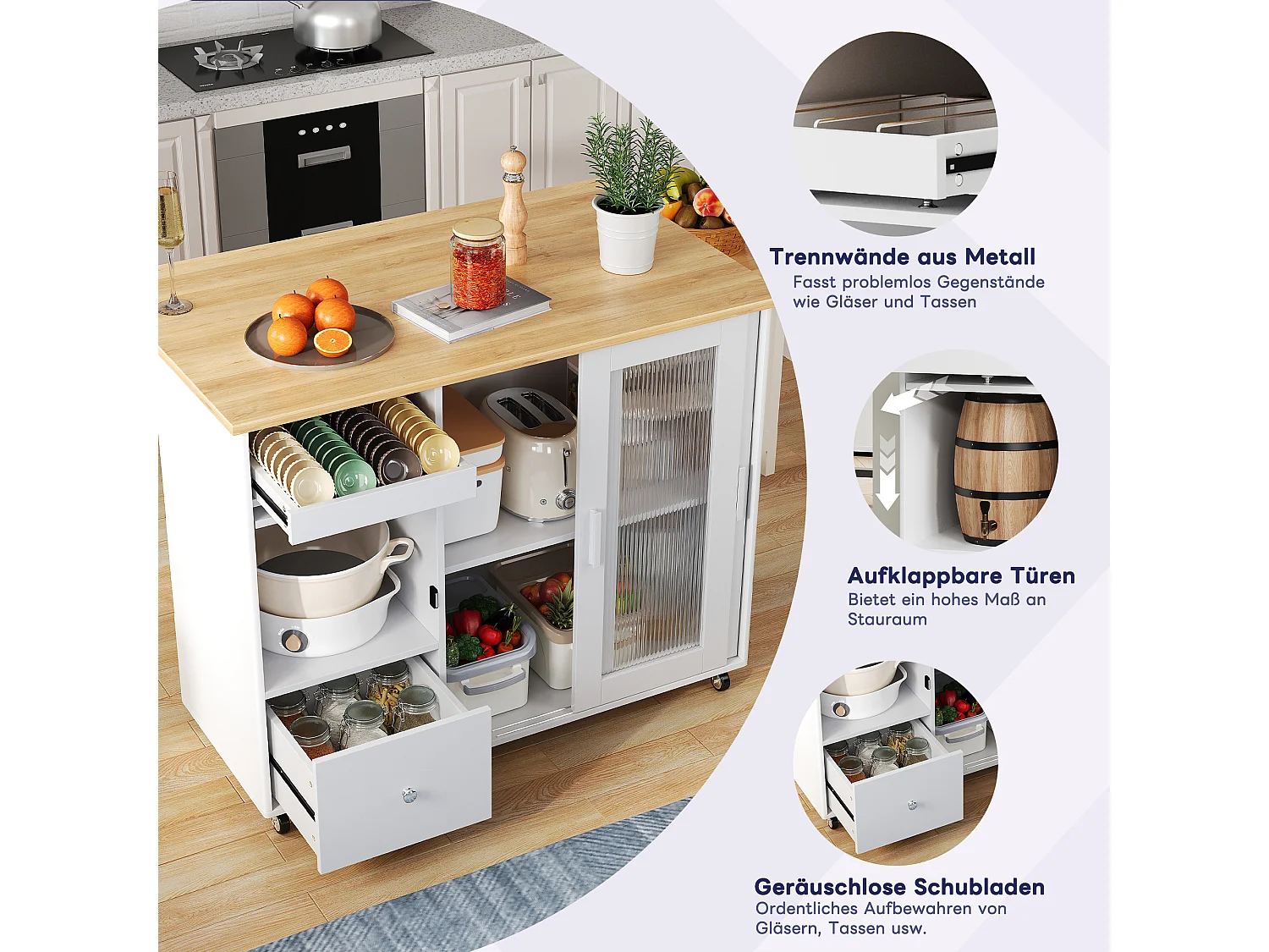 Mobilna wyspa kuchenna z 2 drzwiami przesuwnymi, 1 szufladą i regałem na wino - rozkładany blat - 112x46/69x91 cm - MDF - biały