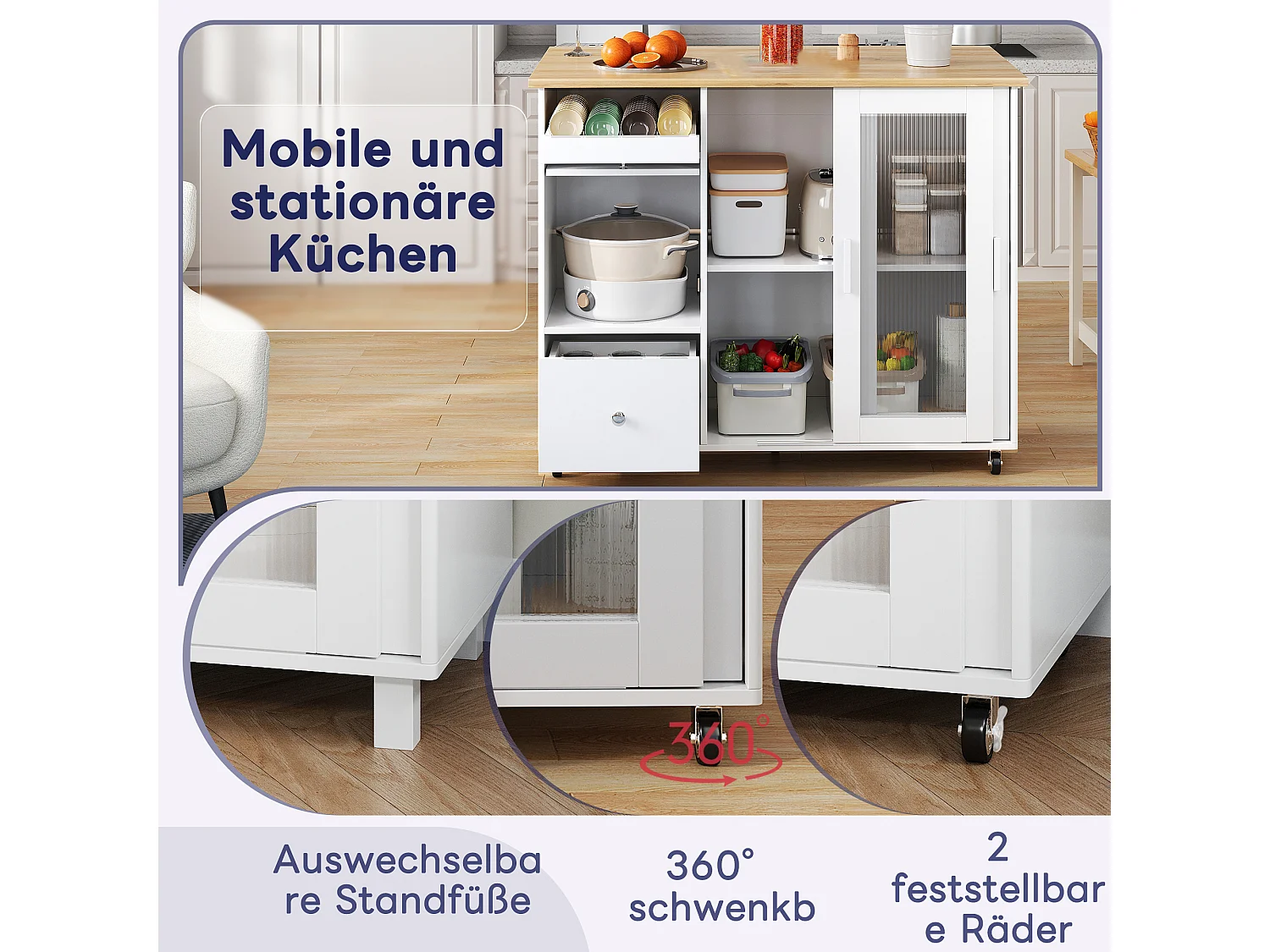 Mobilna wyspa kuchenna z 2 drzwiami przesuwnymi, 1 szufladą i regałem na wino - rozkładany blat - 112x46/69x91 cm - MDF - biały