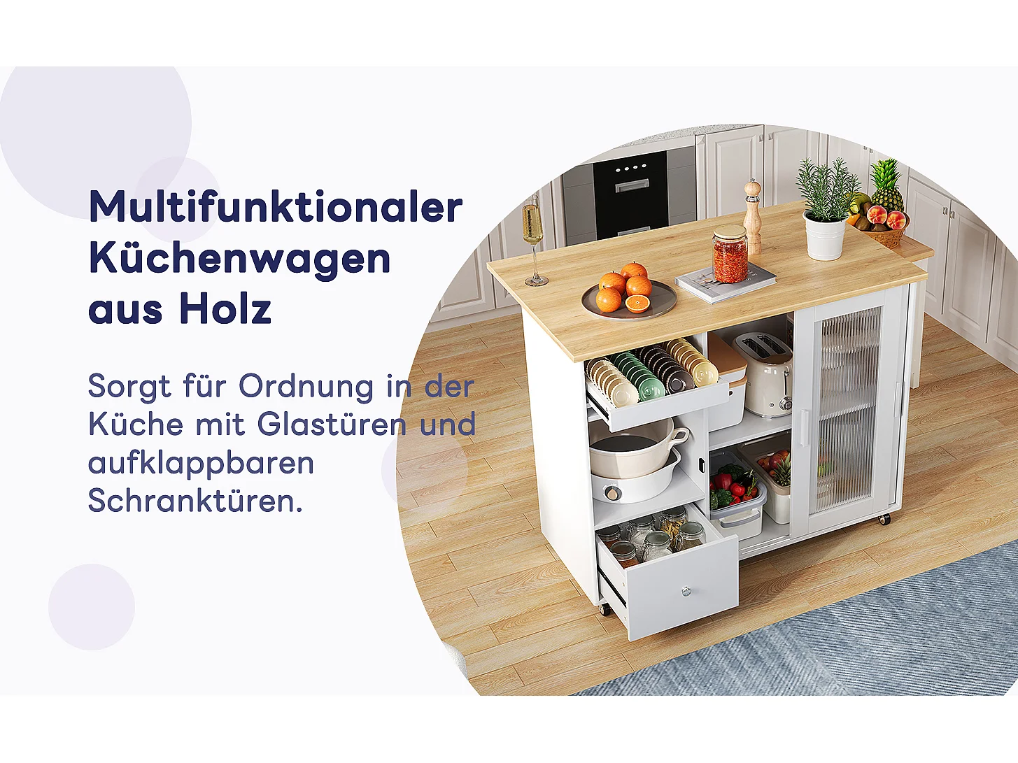 Mobilna wyspa kuchenna z 2 drzwiami przesuwnymi, 1 szufladą i regałem na wino - rozkładany blat - 112x46/69x91 cm - MDF - biały