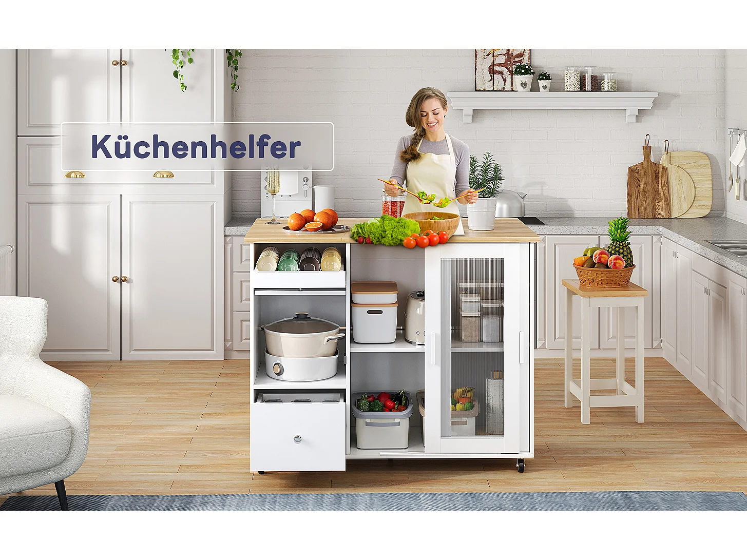 Mobilna wyspa kuchenna z 2 drzwiami przesuwnymi, 1 szufladą i regałem na wino - rozkładany blat - 112x46/69x91 cm - MDF - biały