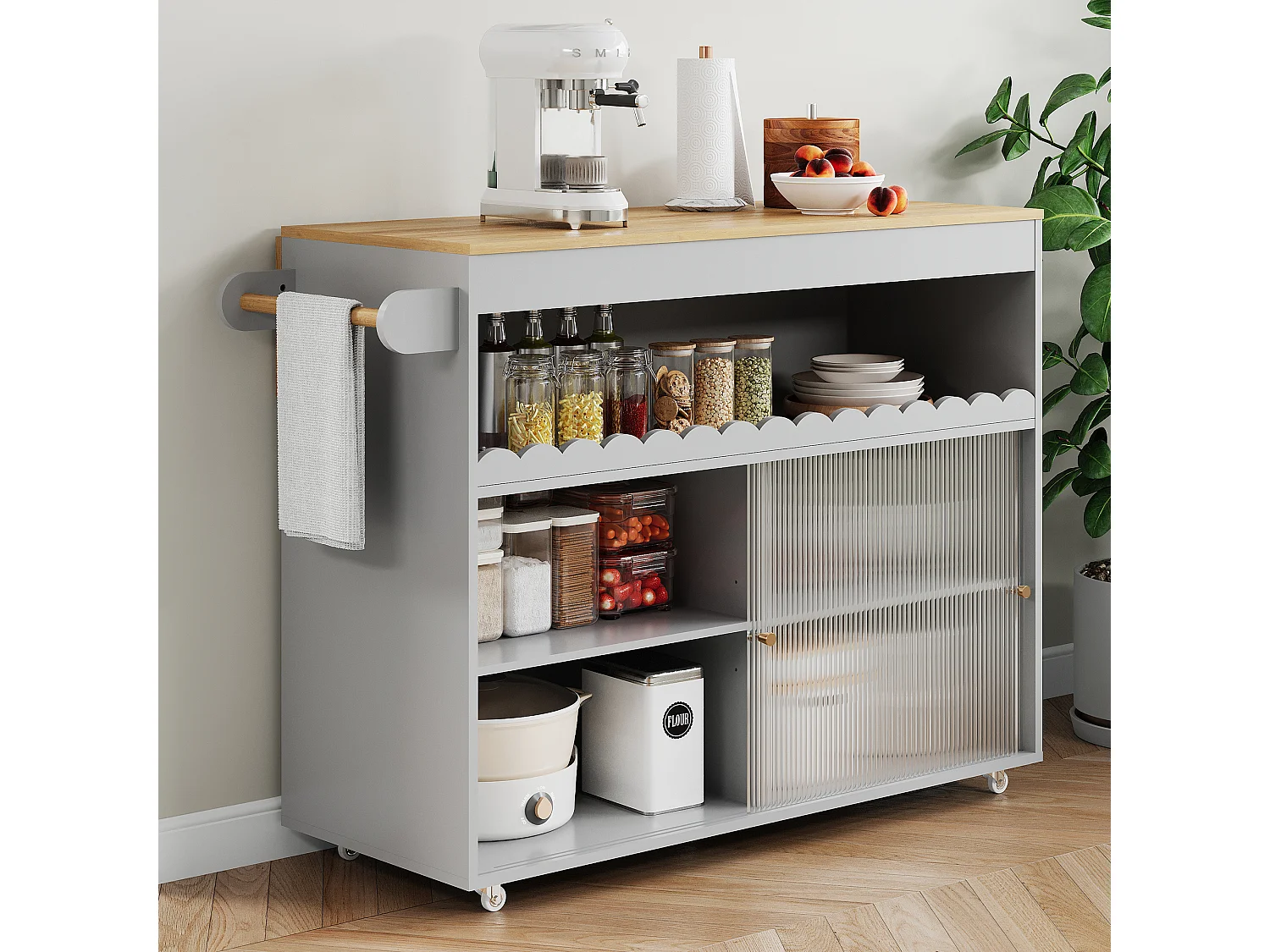 Mobilna wyspa kuchenna z 2 drzwiami przesuwnymi - rozkładany blat - 122x46/69x91 cm - drewno MDF - Szary + naturalny