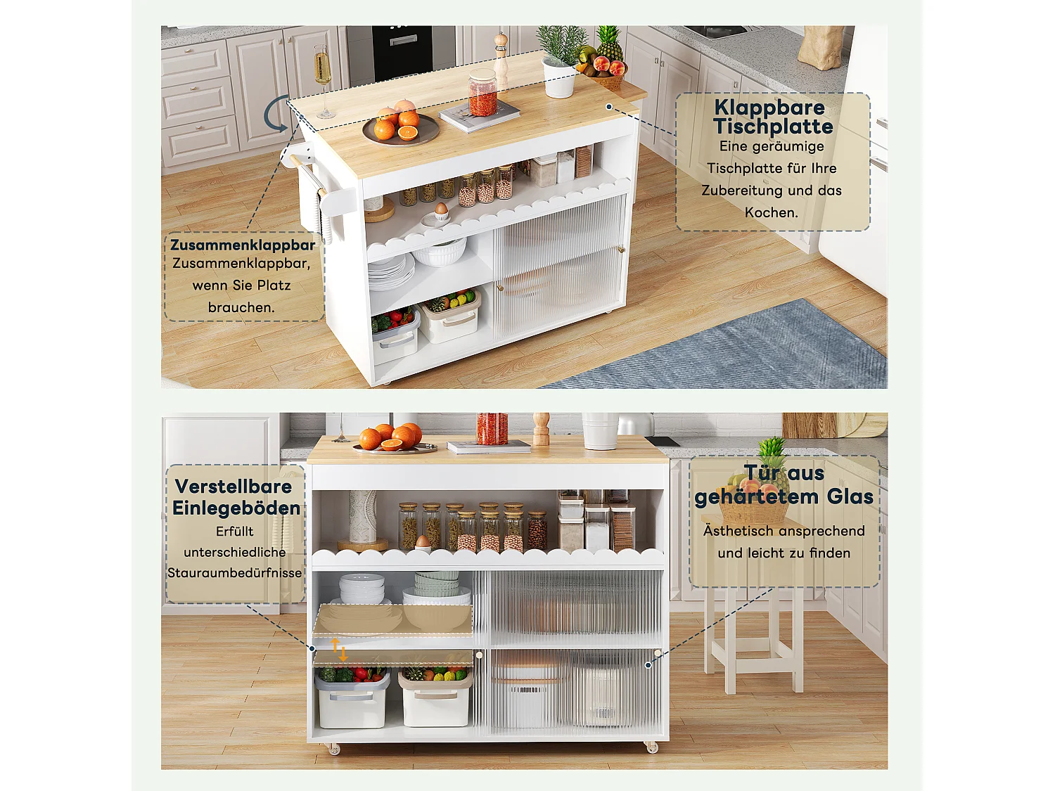 Mobil køkkenø med 2 skydelåger - udtrækkelig top - 122x46/69x91 cm - MDF træ - Hvid + natur