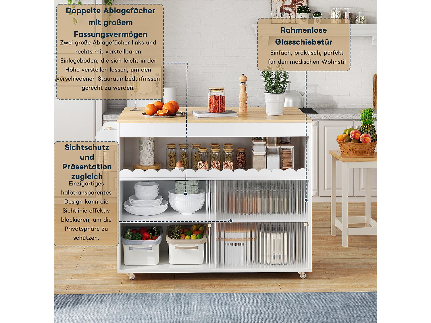 Mobil køkkenø med 2 skydelåger - udtrækkelig top - 122x46/69x91 cm - MDF træ - Hvid + natur