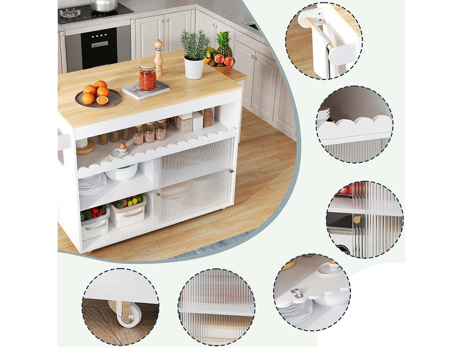 Mobil køkkenø med 2 skydelåger - udtrækkelig top - 122x46/69x91 cm - MDF træ - Hvid + natur