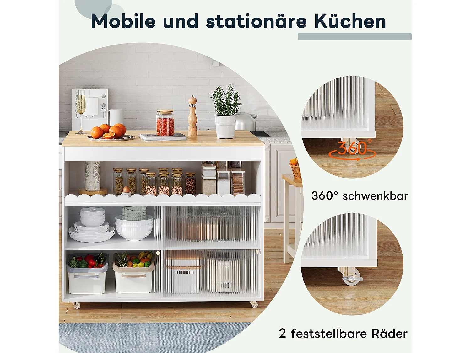 Mobil køkkenø med 2 skydelåger - udtrækkelig top - 122x46/69x91 cm - MDF træ - Hvid + natur