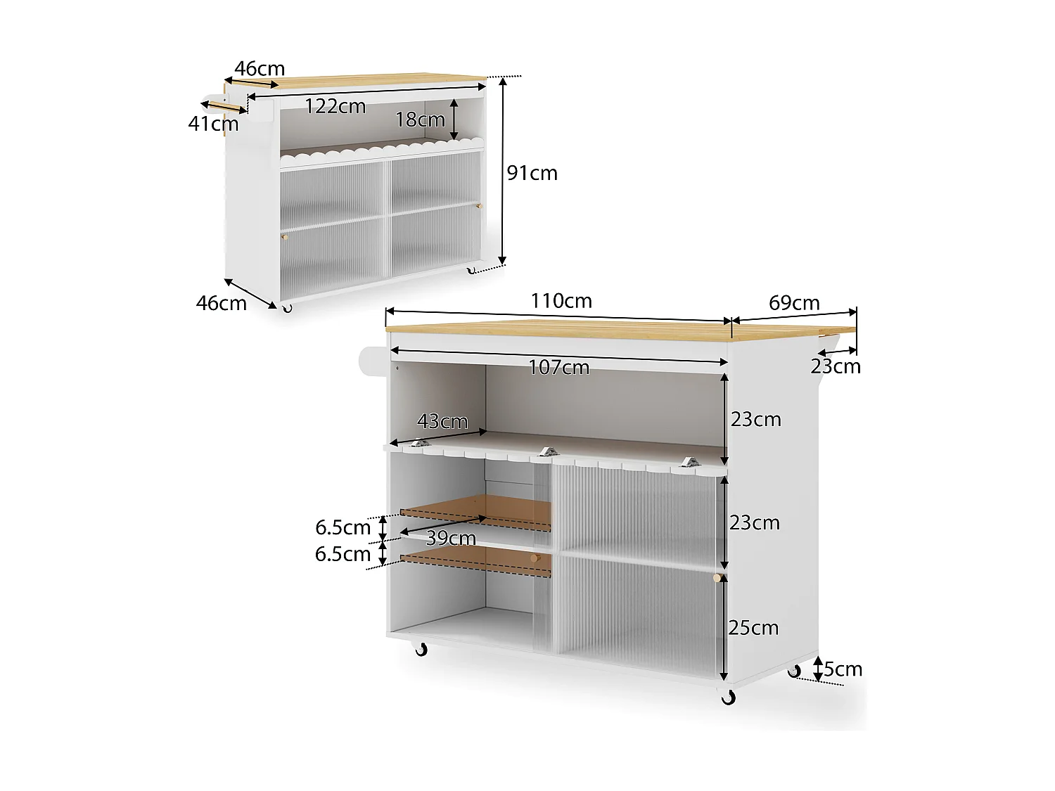 Mobil køkkenø med 2 skydelåger - udtrækkelig top - 122x46/69x91 cm - MDF træ - Hvid + natur