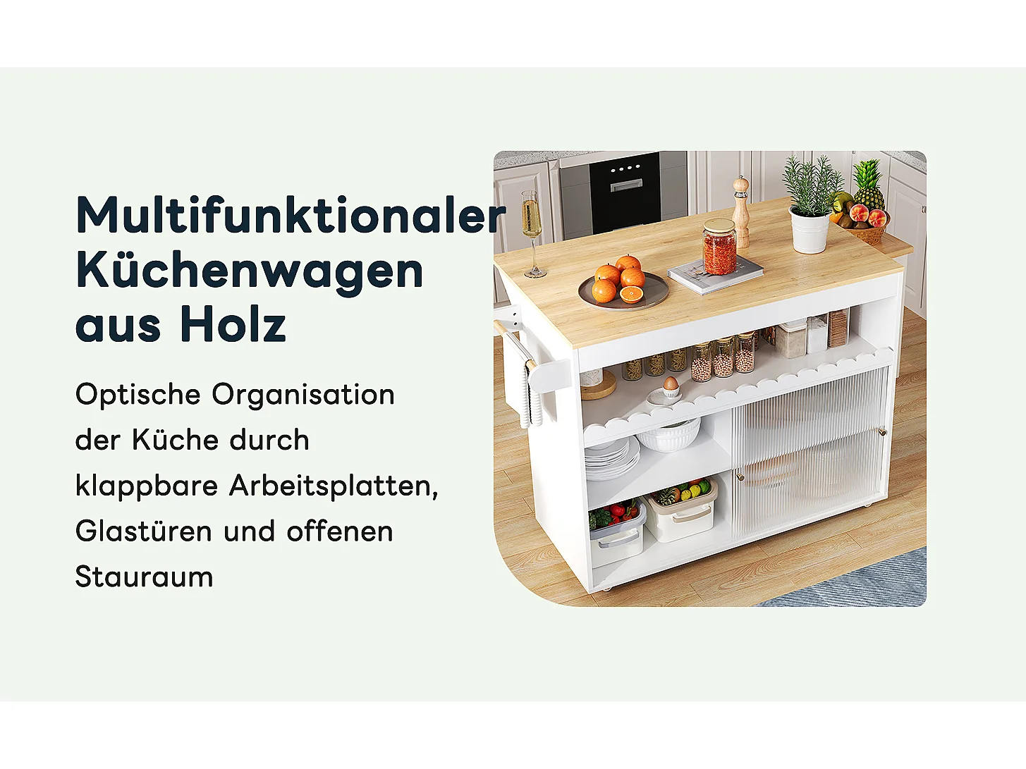 Mobil køkkenø med 2 skydelåger - udtrækkelig top - 122x46/69x91 cm - MDF træ - Hvid + natur