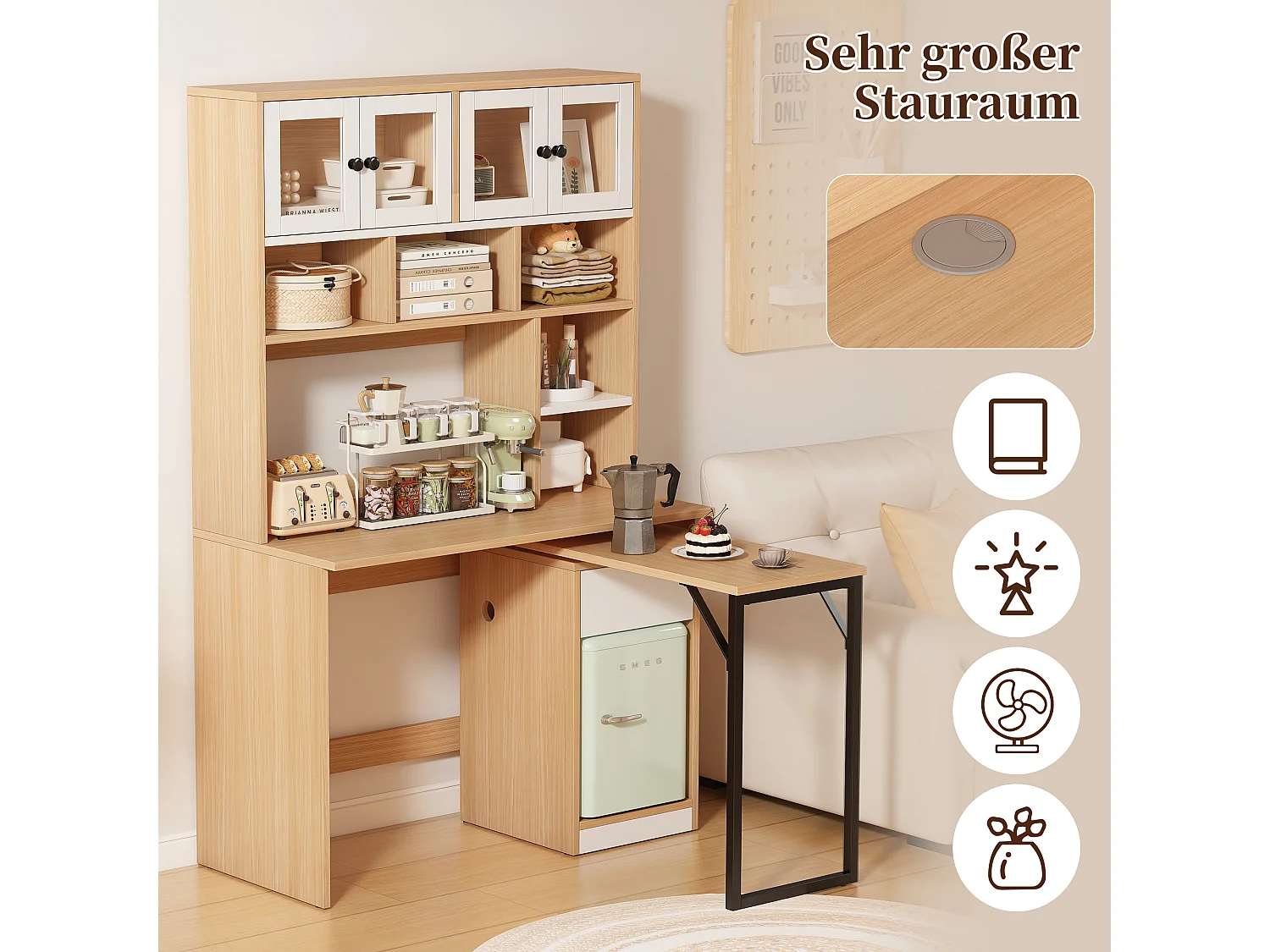 Bureau extensible d'ordinateur avec bibliothèque - 110 x 55 x 180 cm - bois MDF - naturel + blanc