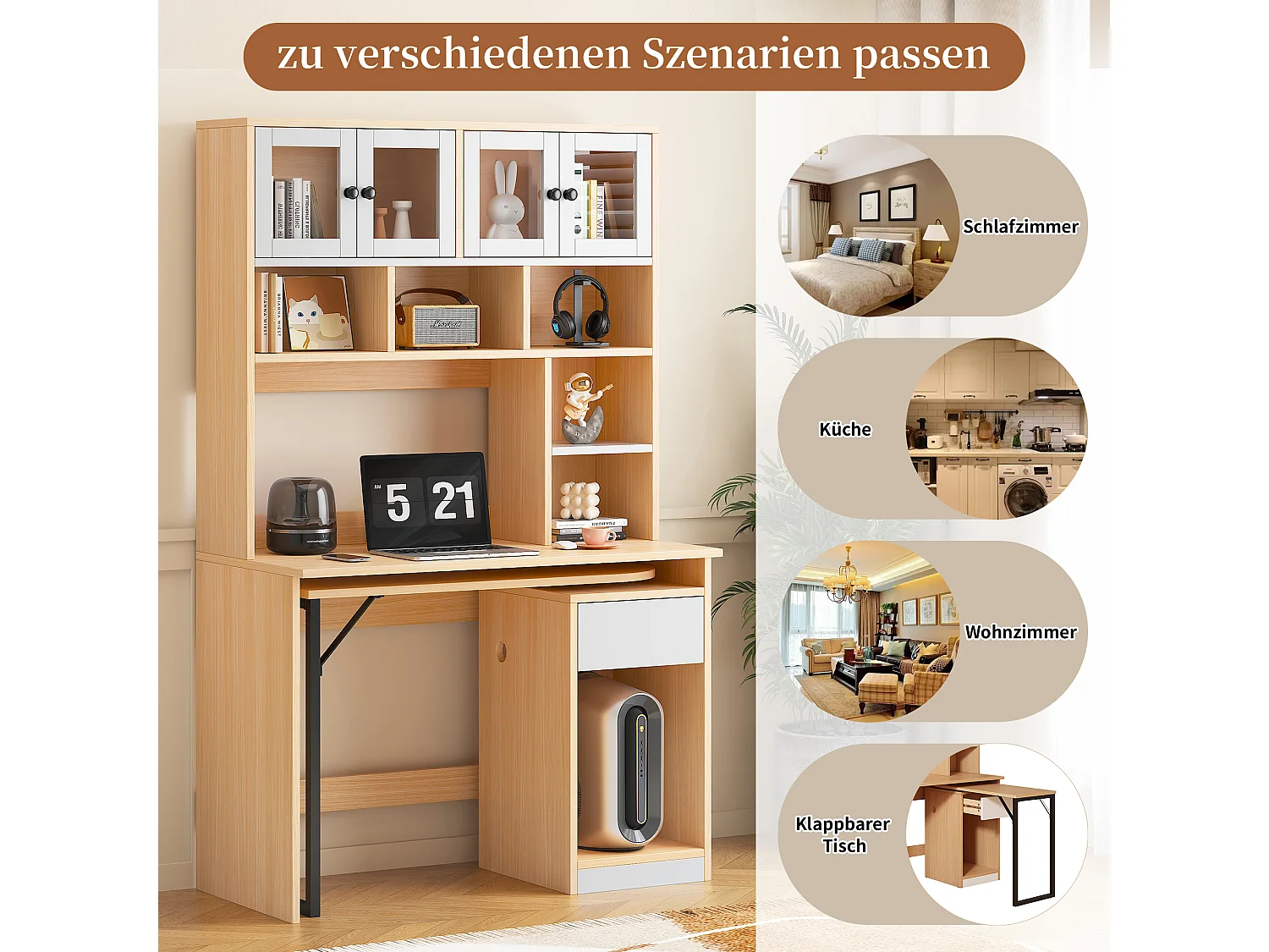 Bureau extensible d'ordinateur avec bibliothèque - 110 x 55 x 180 cm - bois MDF - naturel + blanc