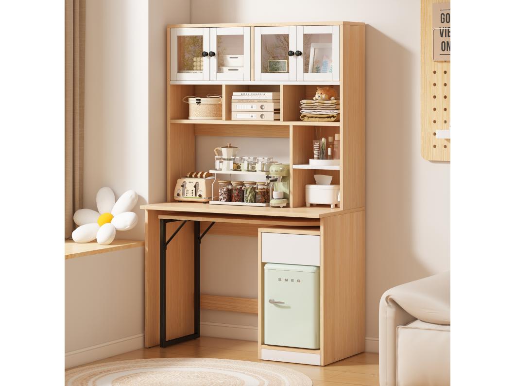 Mesa de computador extensível com estante - 110 x 55 x 180 cm - Madeira MDF - natural + branco