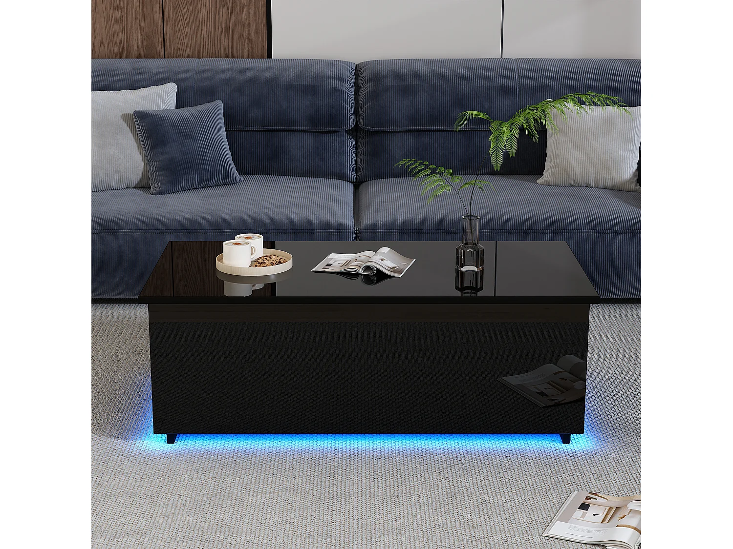 Mesa de centro elevable - 100 x 50 x 35 cm - LED - Tablero de partículas - Negro brillante