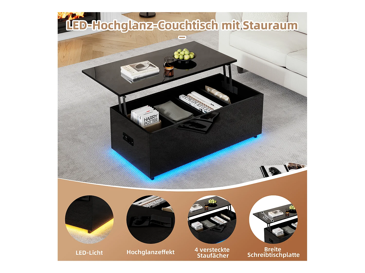 Mesa de centro elevable - 100 x 50 x 35 cm - LED - Tablero de partículas - Negro brillante