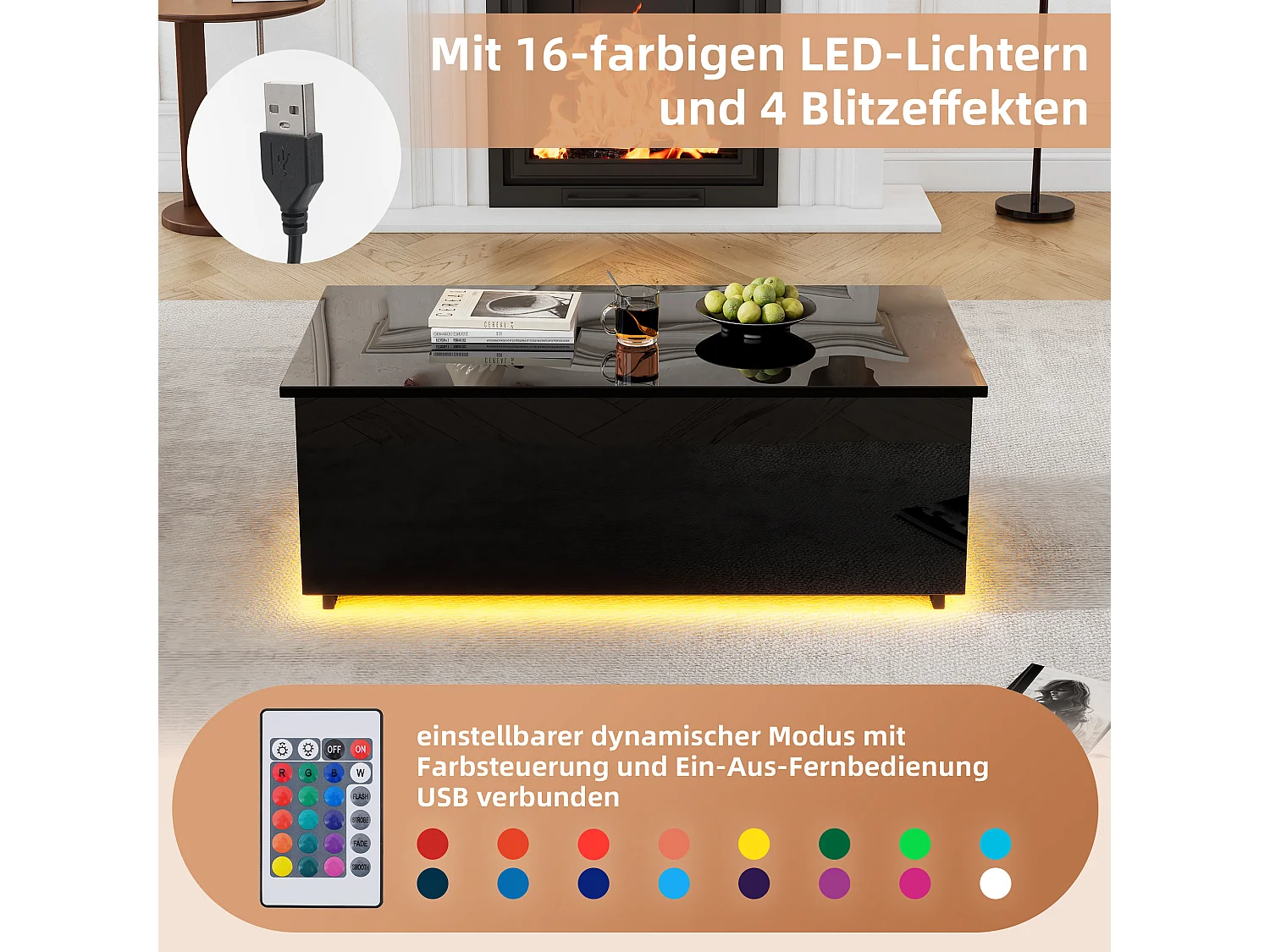 Mesa de centro elevable - 100 x 50 x 35 cm - LED - Tablero de partículas - Negro brillante