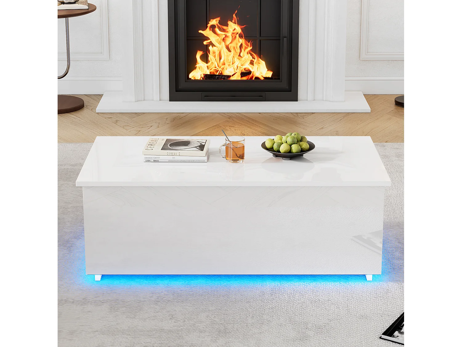 Mesa de centro elevable - 100 x 50 x 35 cm - LED - Tablero de partículas - Blanco brillante