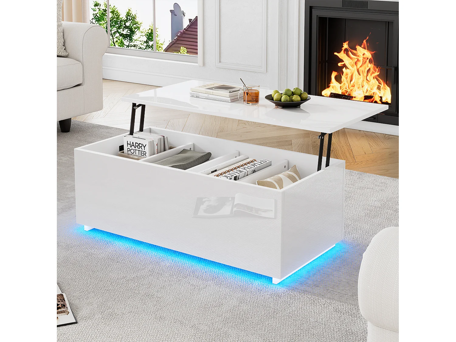 Mesa de centro elevable - 100 x 50 x 35 cm - LED - Tablero de partículas - Blanco brillante
