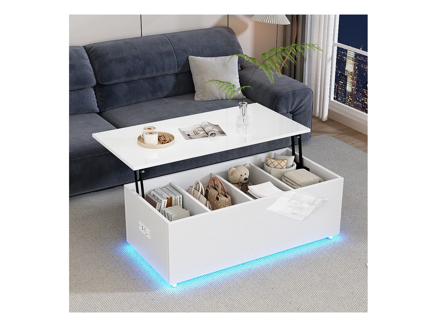Table basse relevable - 100 x 50 x 35 cm - LEDs - Panneaux de particules - Blanc brillant