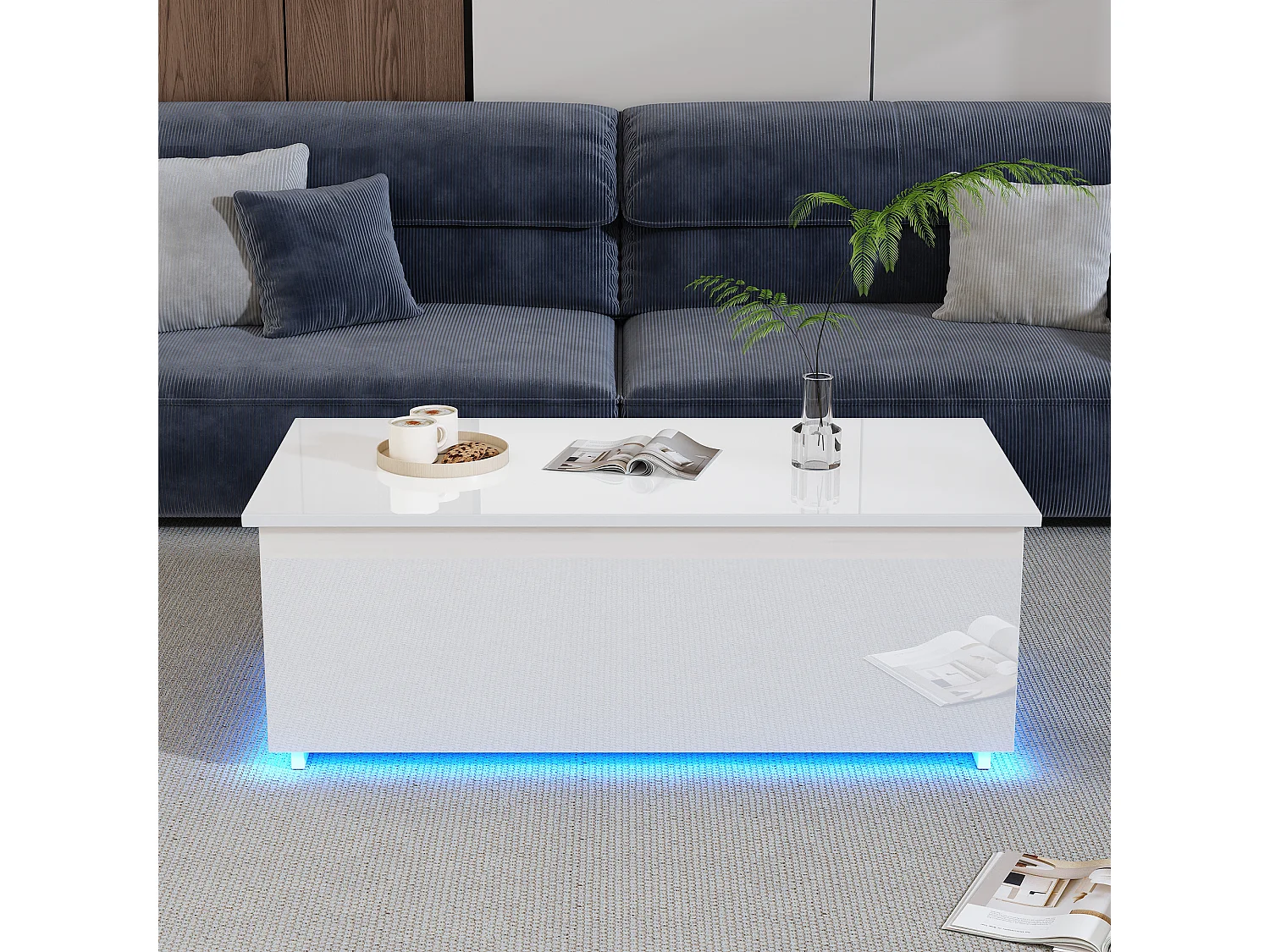 Stolik kawowy podnoszony - 100 x 50 x 35 cm - diody LED - płyta wiórowa - połyskujący biały