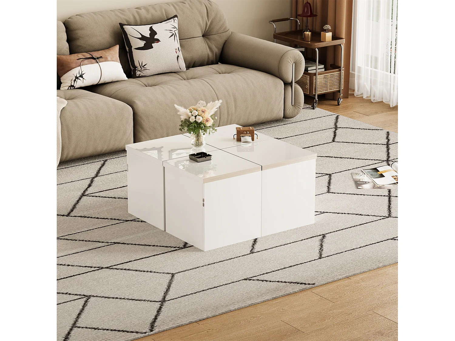 Stolik kawowy rozkładany - 81 x 81 x 40 cm - Płyta wiórowa - Blat błyszczący - Biały