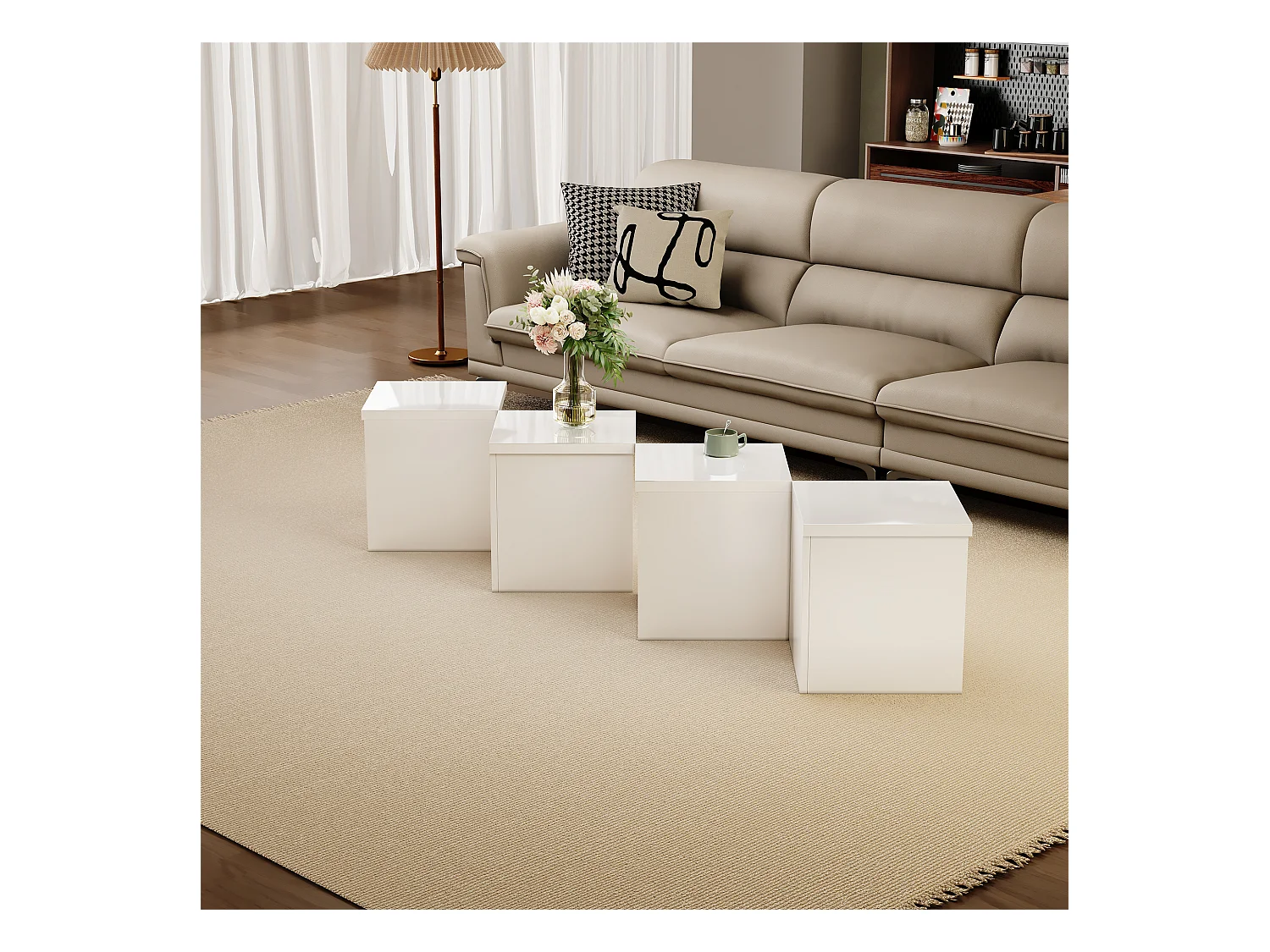Table basse convertible - 81 x 81 x 40 cm - Panneau de particules - Plateau de table brillant - Blanc