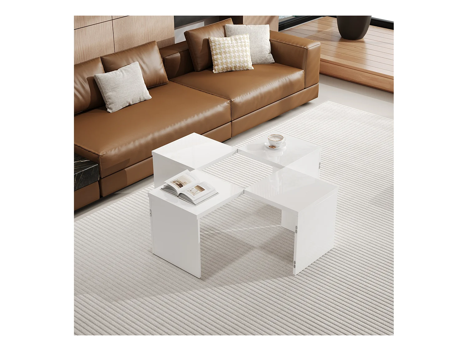 Table basse convertible - 81 x 81 x 40 cm - Panneau de particules - Plateau de table brillant - Blanc