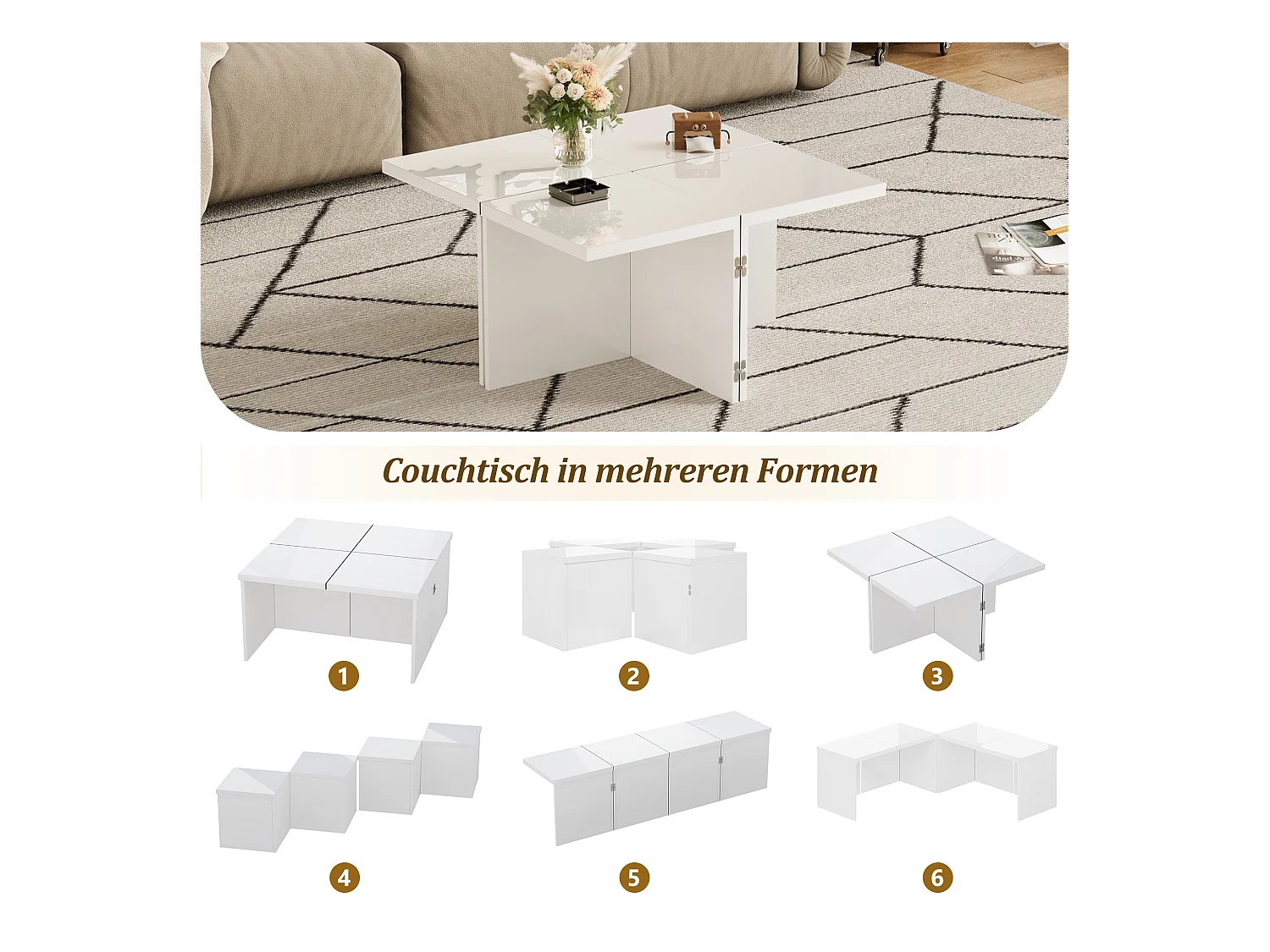 Table basse convertible - 81 x 81 x 40 cm - Panneau de particules - Plateau de table brillant - Blanc