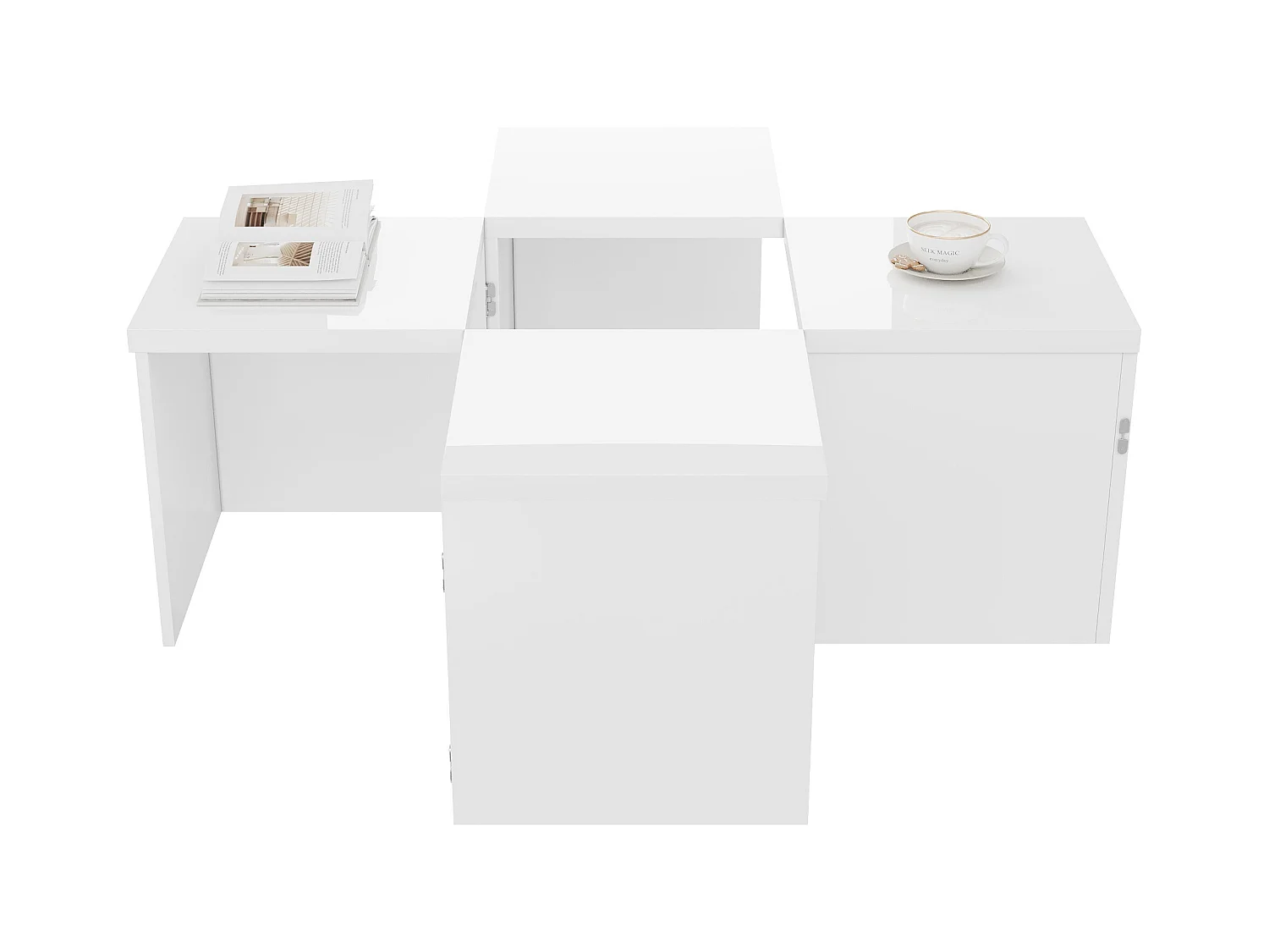Table basse convertible - 81 x 81 x 40 cm - Panneau de particules - Plateau de table brillant - Blanc